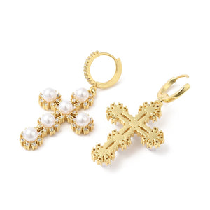Dangle Cross Pearl Huggie Hoop Earrings