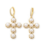 Dangle Cross Pearl Huggie Hoop Earrings