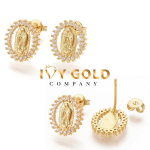 Virgin Mary 18k Gold CZ Micro Pave Stud Earrings, Our Mother Mary earrings, virgen de guadalupe, religious jewelry, catholic jewelry